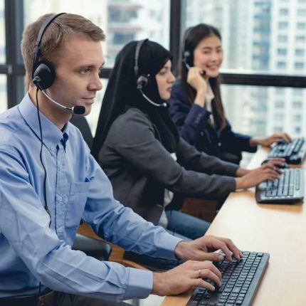 group of diverse telemarketing customer service staff team in call center transformed